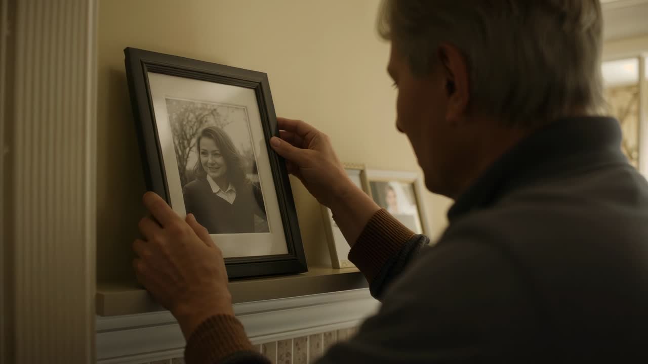 Lifting senior man in sweater checking, aligning frame and showing tiny frame on mantel, copy space