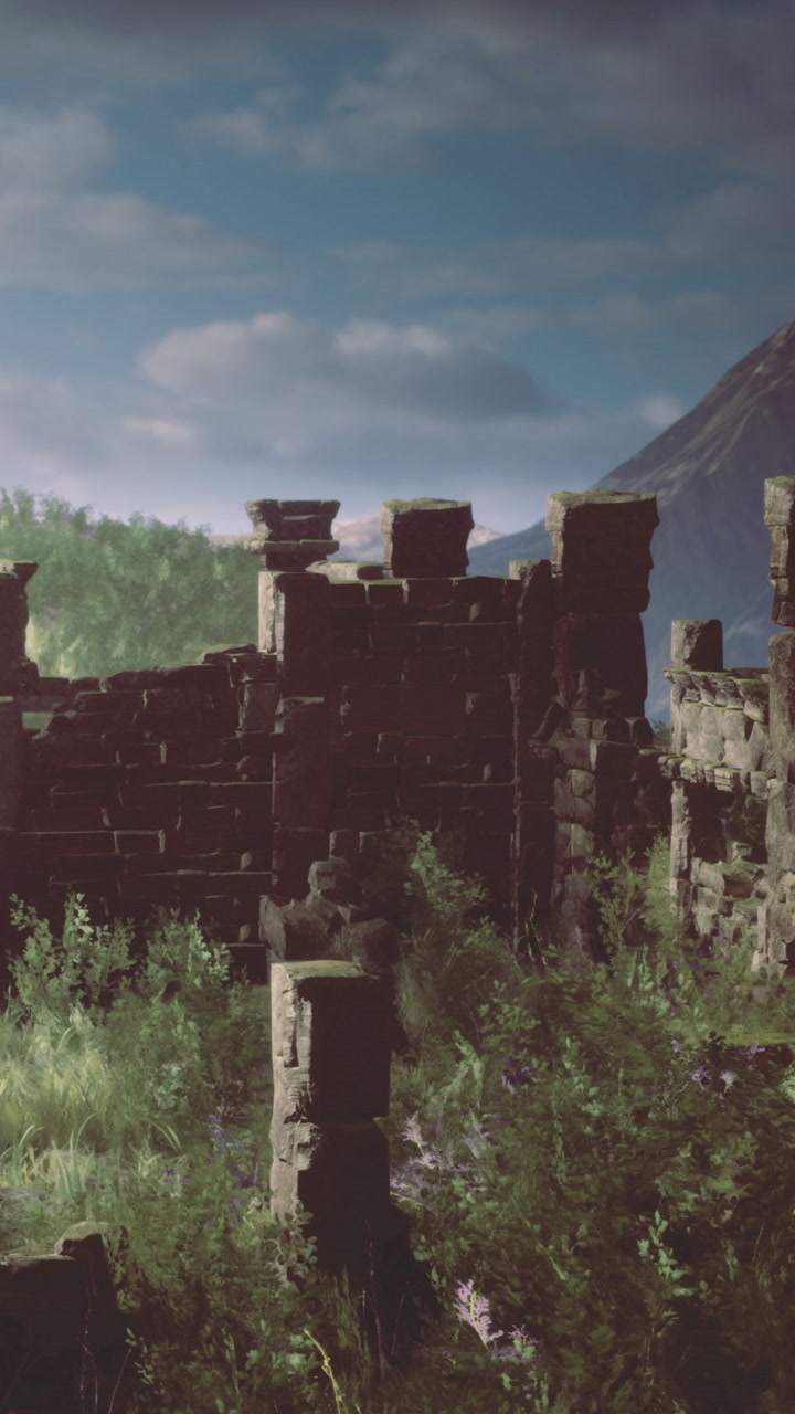 Ruins covered in green grass under a cloudy sky in an open field