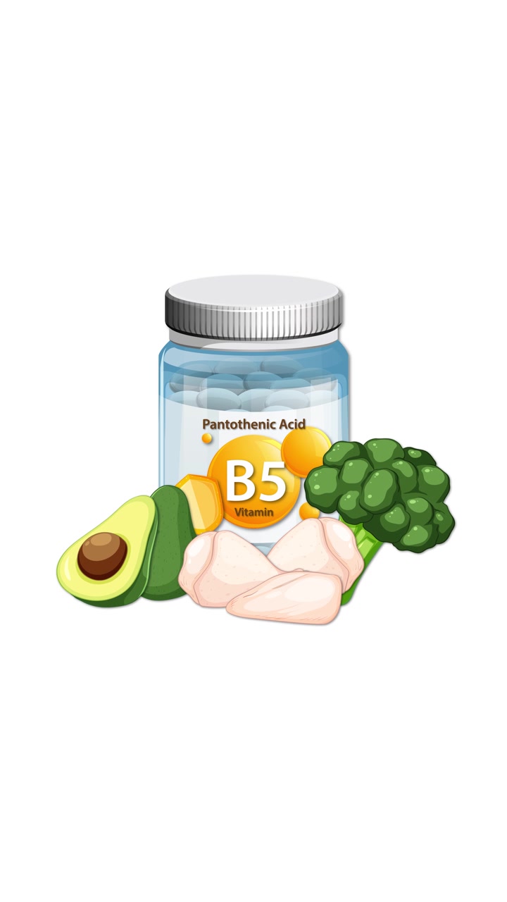 Bottiglia di Vitamina B5 con avocado, pollo, broccoli appare su sfondo bianco, con uno stile di animazione additiva fluida.