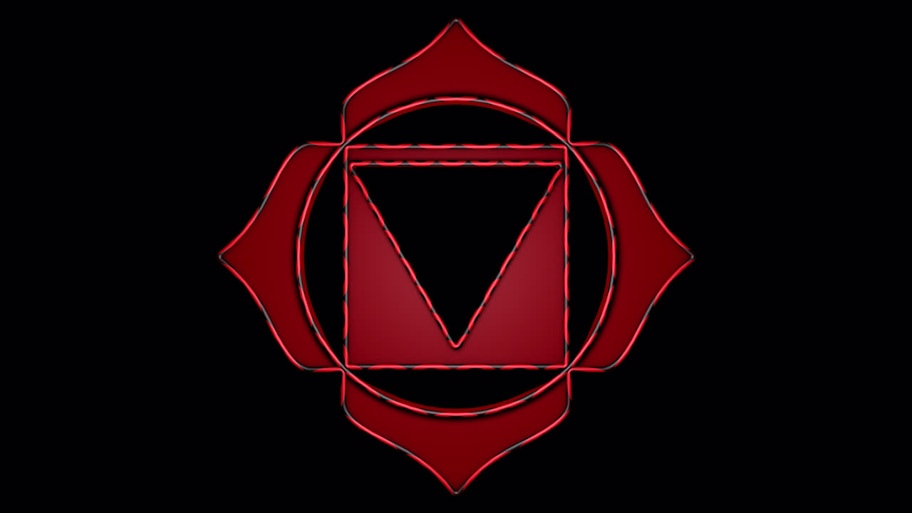 A seamless 3D loop of the Root Chakra (Muladhara), glowing red with pulsating energy. Transparent alpha background for easy integration.