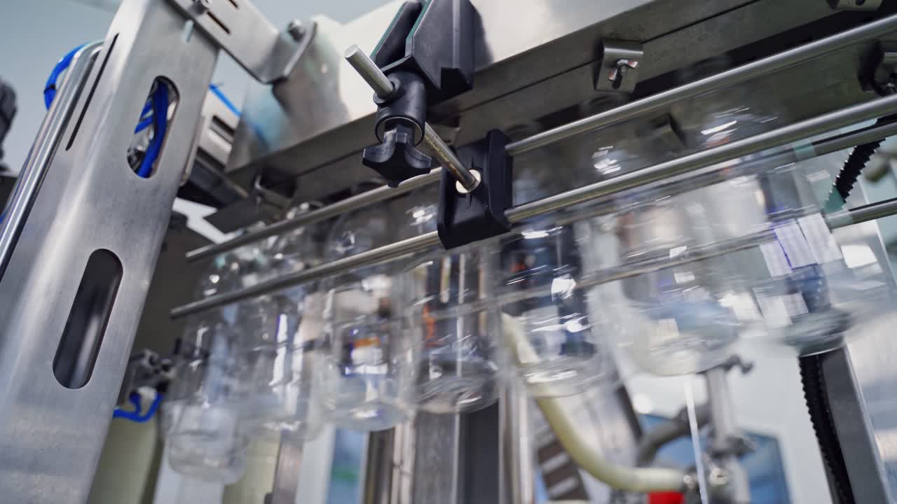 Empty plastic bottles hanging from a conveyor line. Bottle production line. View from below on plastic bottles for liquid in modern milk plant.