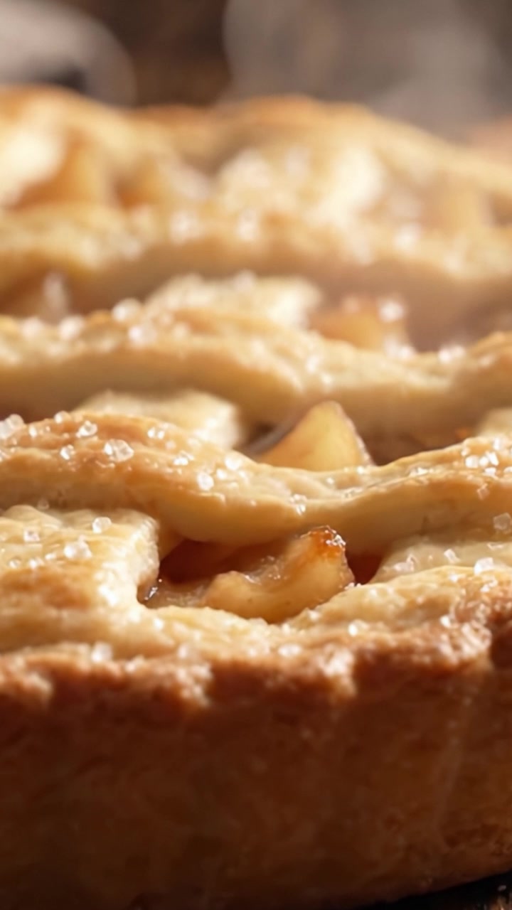 Deliziosa torta di mele fatta in casa appena sfornata, con crosta friabile e zucchero scintillante in superficie, mele caramellate e una consistenza perfettamente dorata per un dolce piacere