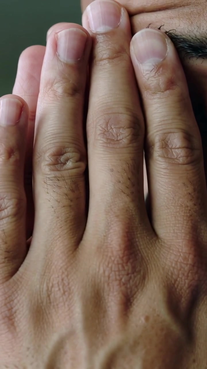 Video verticale: Primo piano di una mano destra che entra e preme il viso in una stanza, coprendo il naso e mostrando le unghie.