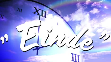 Animation-of-einde-text-over-clock-moving-fast-on-sky-background