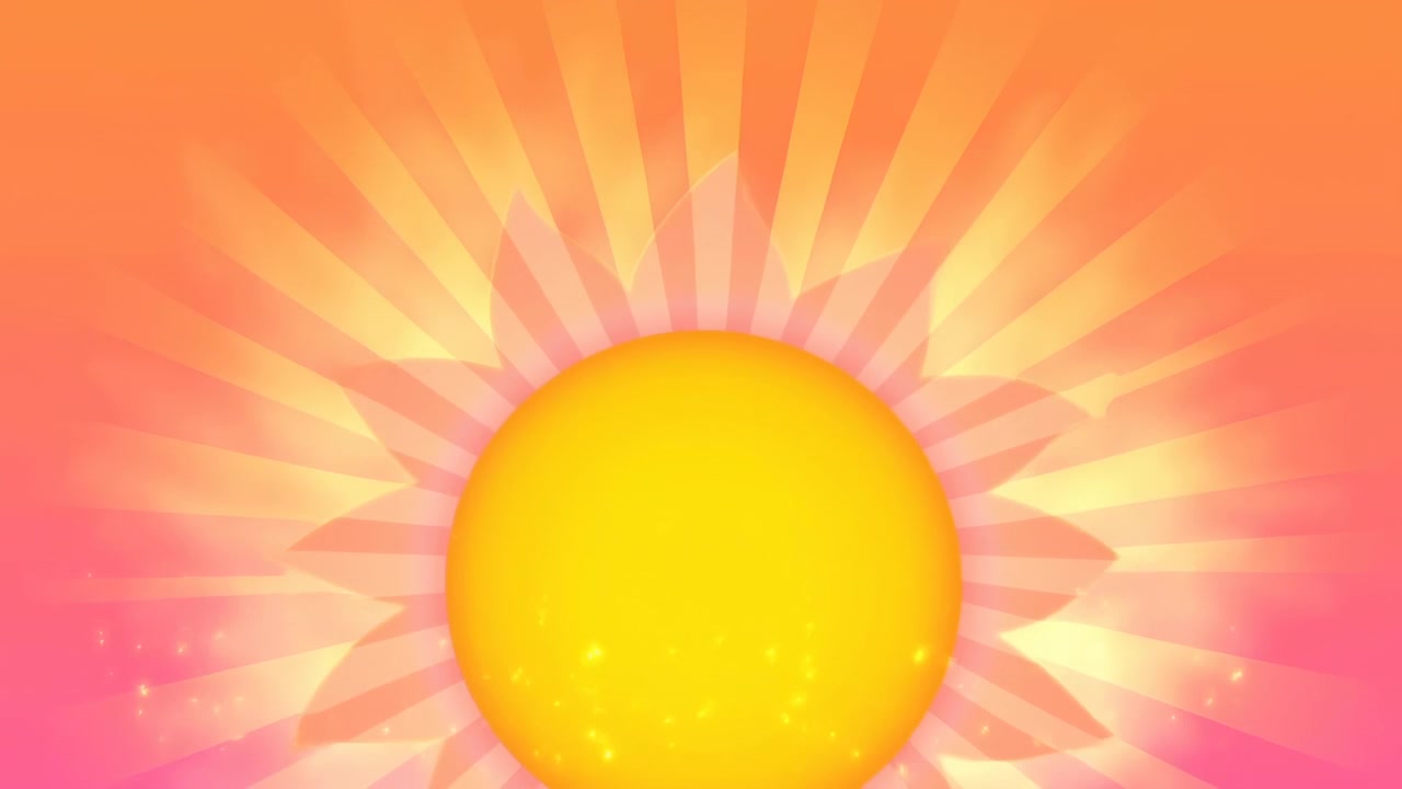 Yellow circular sun emerges from bottom and becomes fully visible near center while translucent petal-like forms and radial beams shift from pink toward orange and gold with glowing specks.