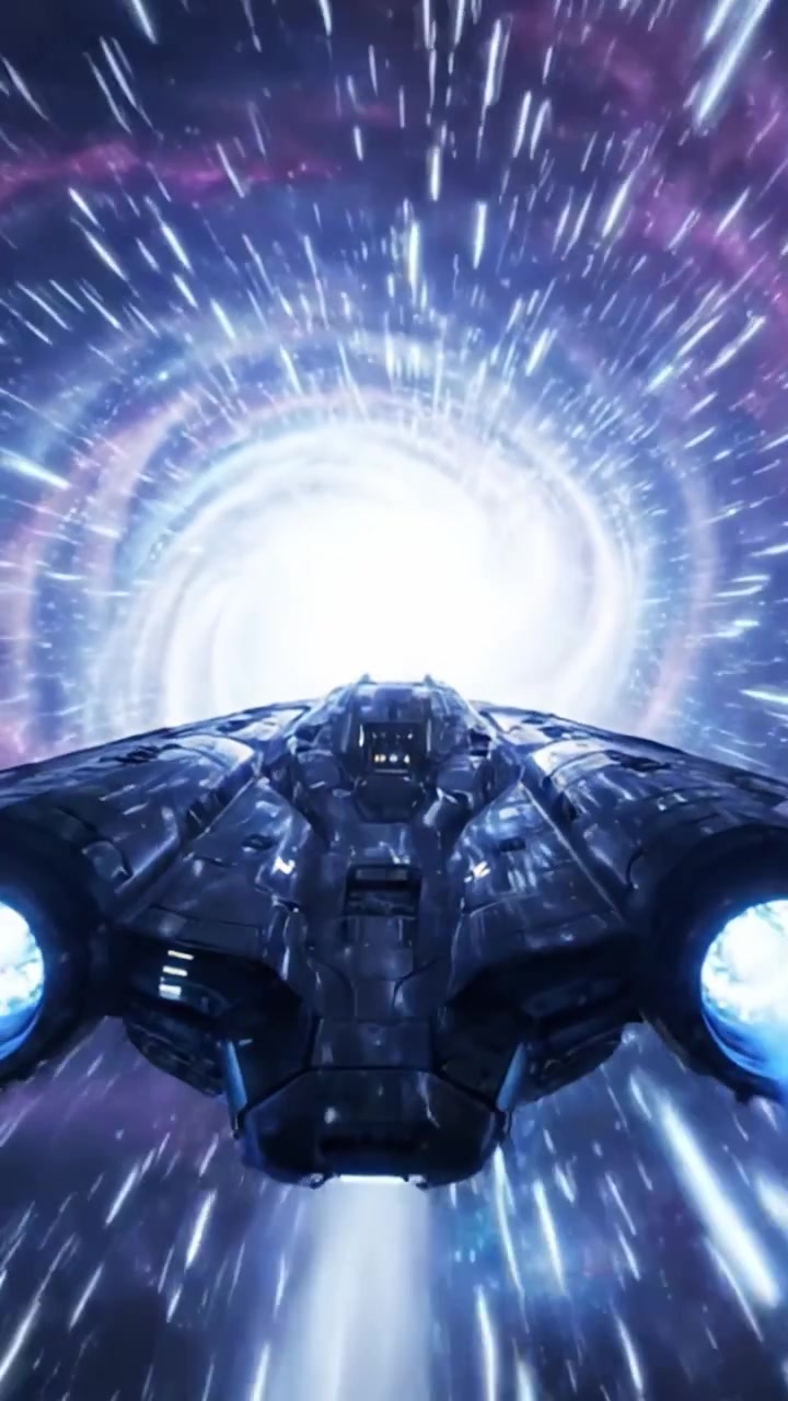 Un'astronave futuristica che naviga attraverso un vortice di energia e luce colorate, spingendosi nelle profondità dello spazio e del tempo in un'epica avventura di fantascienza.