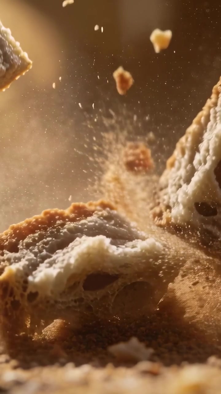 Vertical video: Breaking torn bread chunk shedding crumbs onto tray in set with incoming fragments