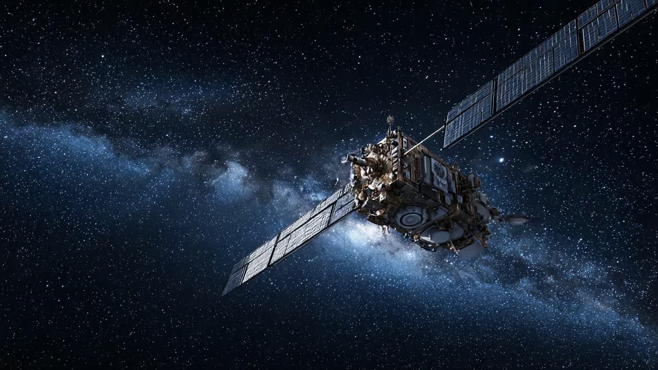 Una vista stupefacente di un veicolo spaziale che naviga nell'immensità cosmica, catturata tra le stelle scintillanti e la maestosa galassia sullo sfondo