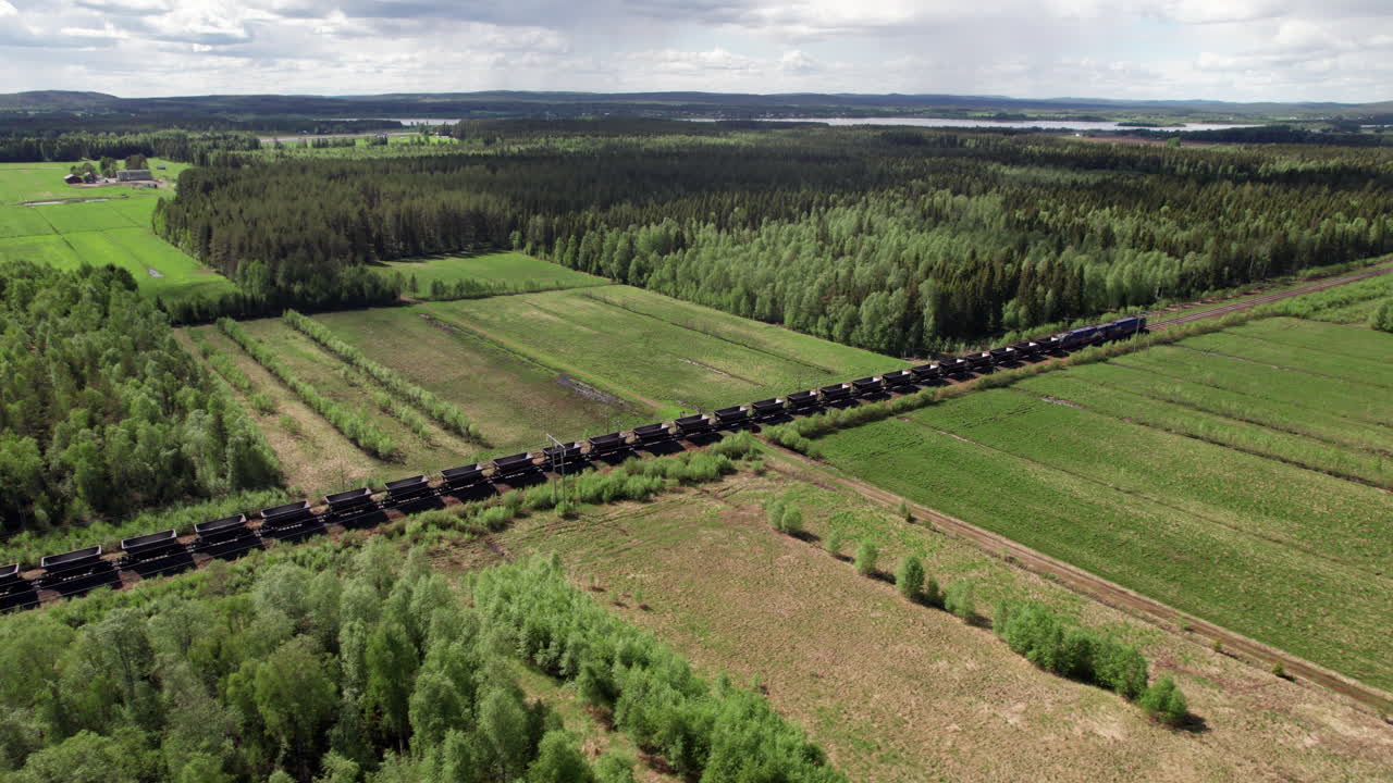 Drone View of Empty Swedish Freight Train, Cargo, Scandinavia, Kiruna, Luleå, Forest Landscape, Passing By,