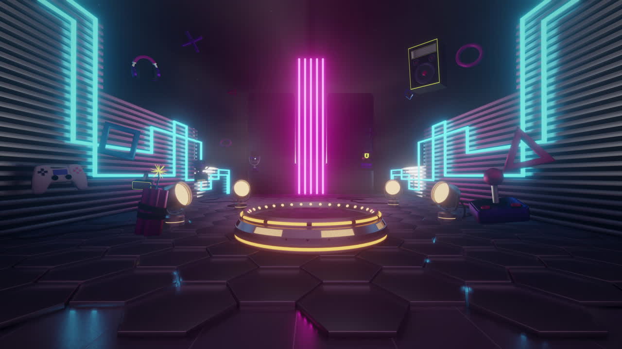 Animazione di elementi di gioco al neon con palco su sfondo nero