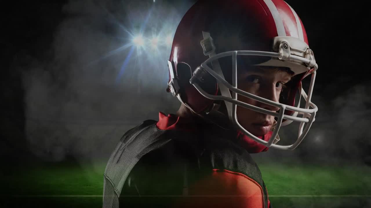 Animazione di giocatore di football americano caucasico su luci dello stadio