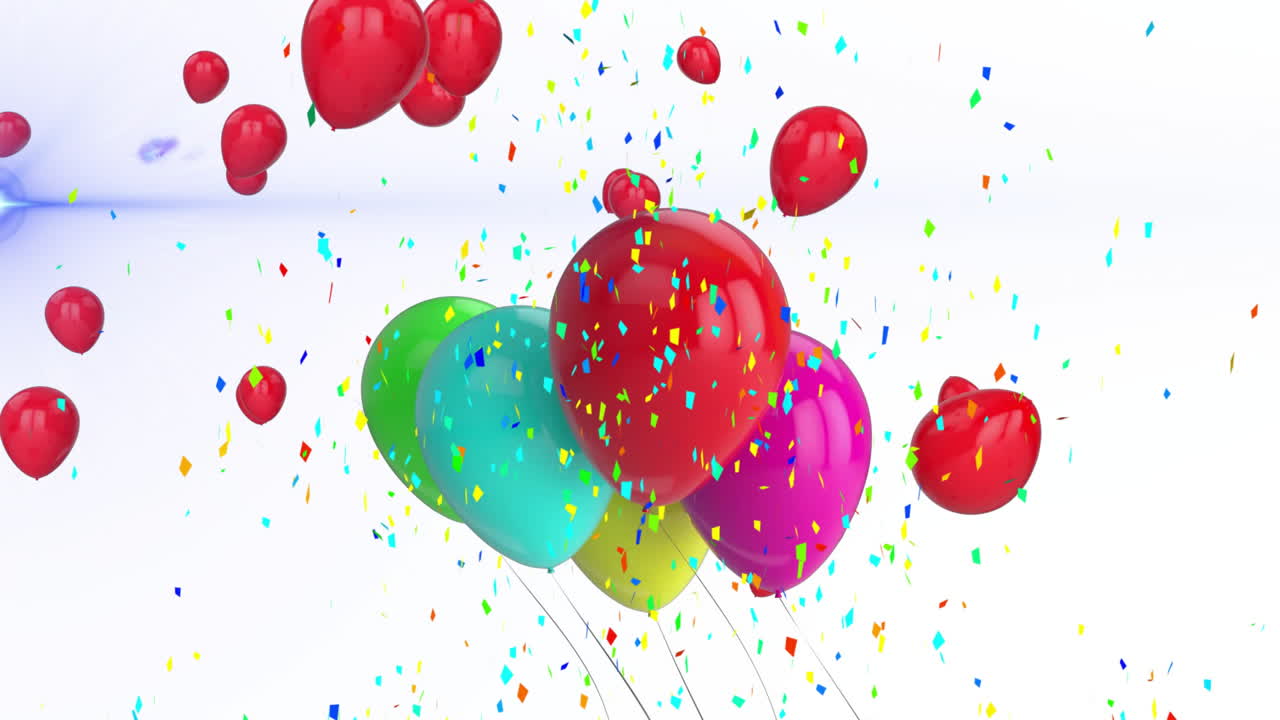 caída de globos de colores y confeti, animación de celebración para fiestas y eventos