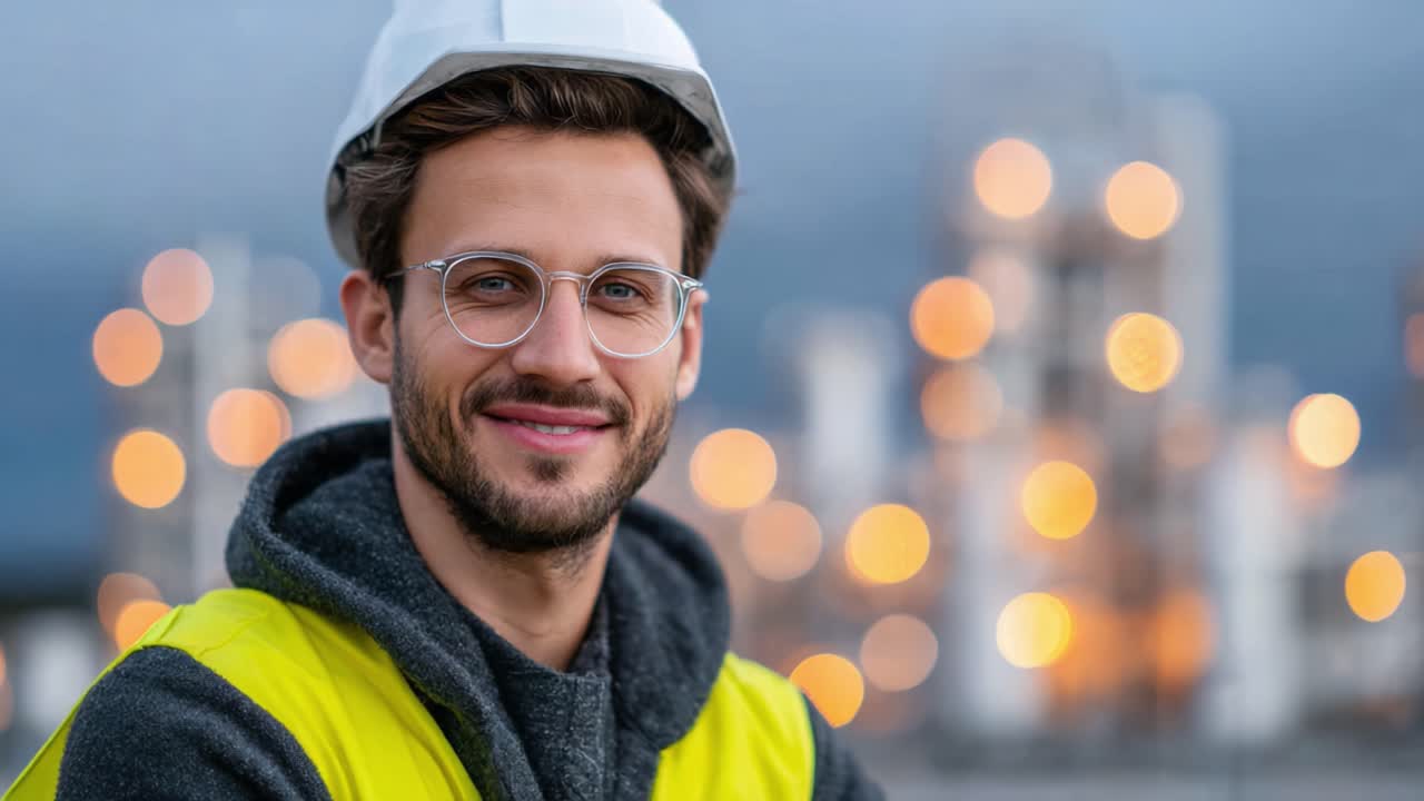 Confident Young Worker Smiling at Construction Site with a Safety Helmet and Reflective Vest Against a Blurred Background of Bright City Lights