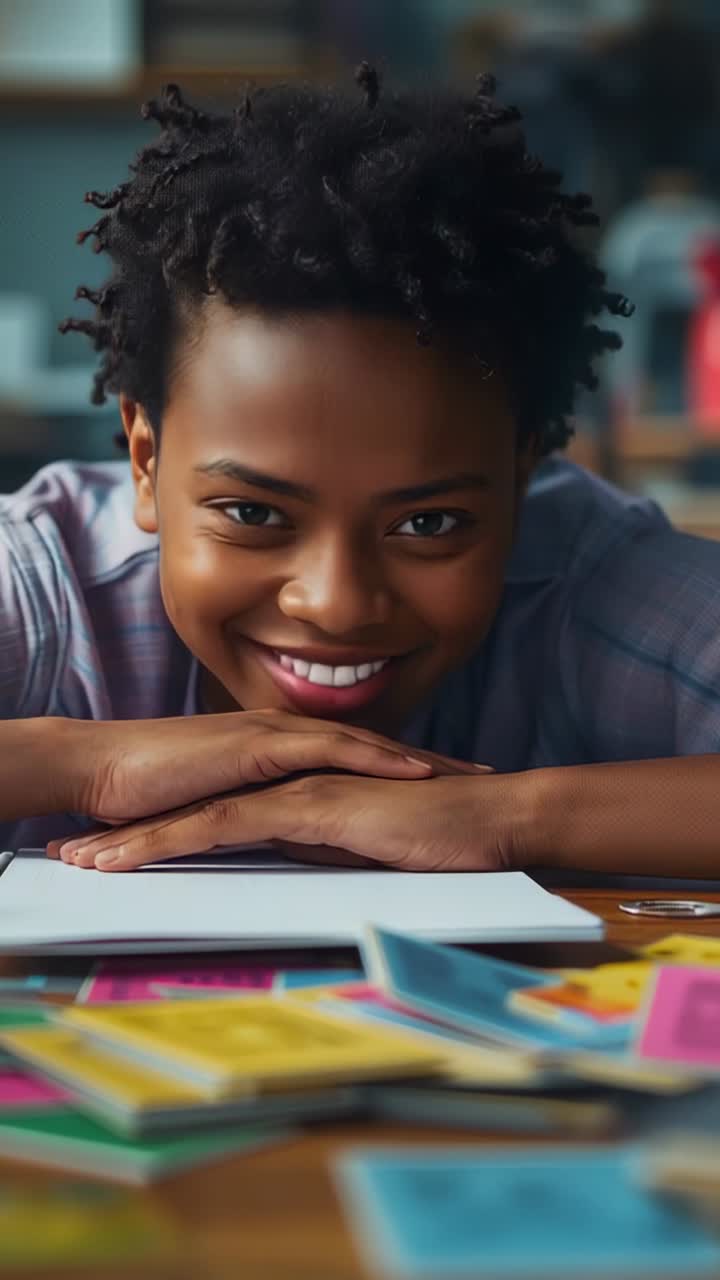 Vertical video: Seconds passing causing student lifting head and smiling at desk with notes pens