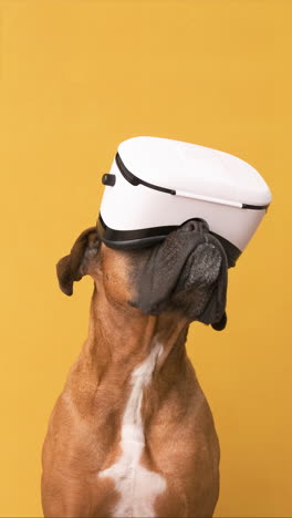 boxer dog with virtual reality glasses on yellow background. vr goggles and metaverse concept