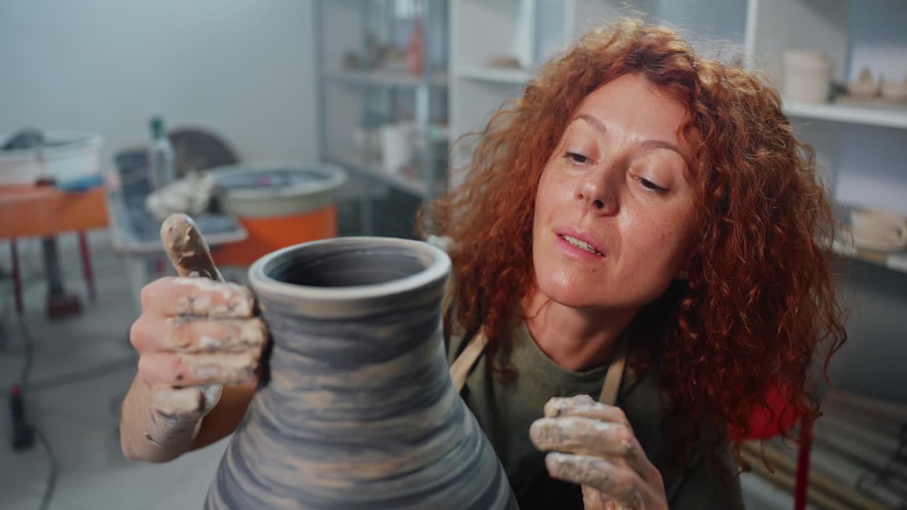 Woman Potter Working on a Clay Vase