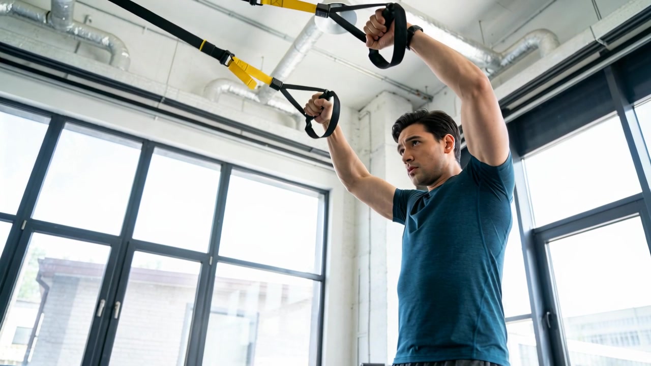 Reaching up blue-shirted man gripping straps, pulling, engaging shoulders in studio, copy space