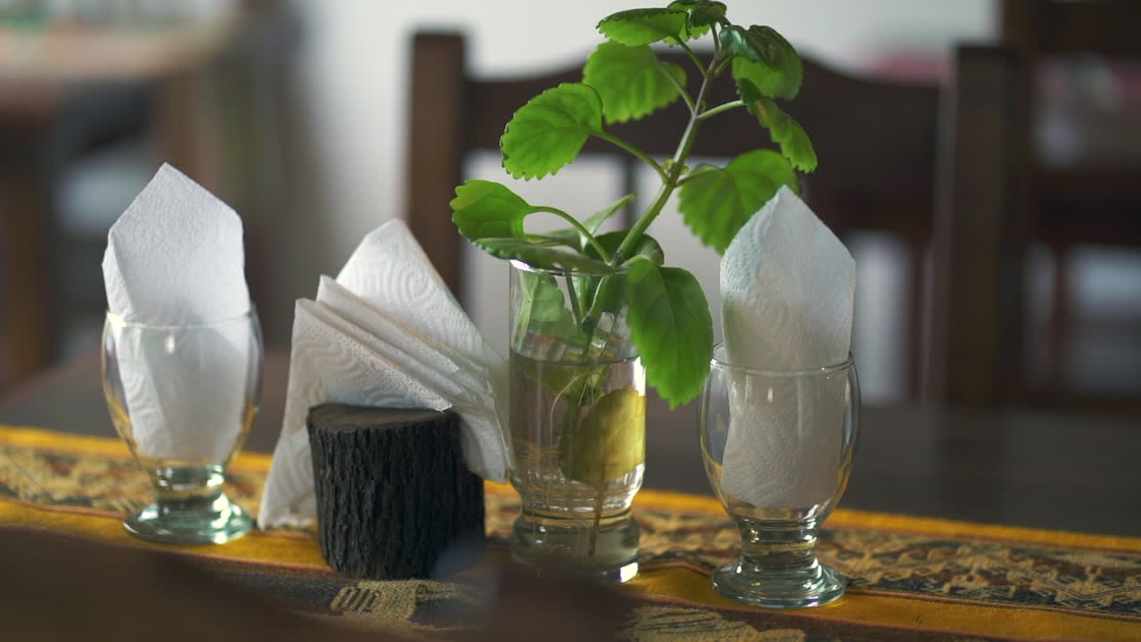 fotografía en primer plano de la mesa de comedor con servilletas, tela estampada y hojas de menta decorativas en un restaurante de campo