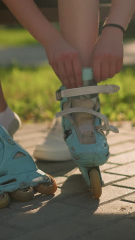 vista de la pierna de la correa de ajuste individual en patines de rodillos de color cian mientras está sentado en un banco, con un brazalete negro en la mano derecha en el fondo, la luz solar cálida proyecta sombras con vegetación detrás