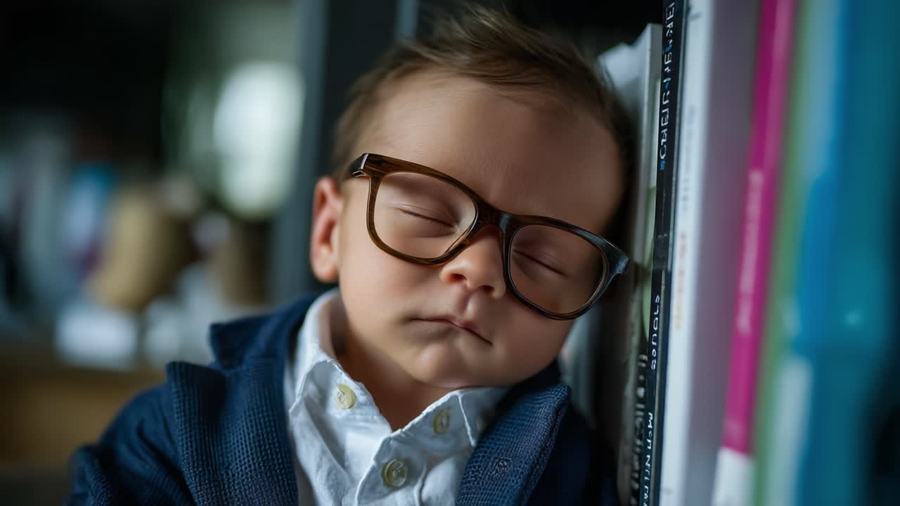 Um momento sereno: um bebê de óculos dormindo profundamente perto de uma estante de livros cercada de literatura colorida e iluminação suave, capturando inocência e tranquilidade