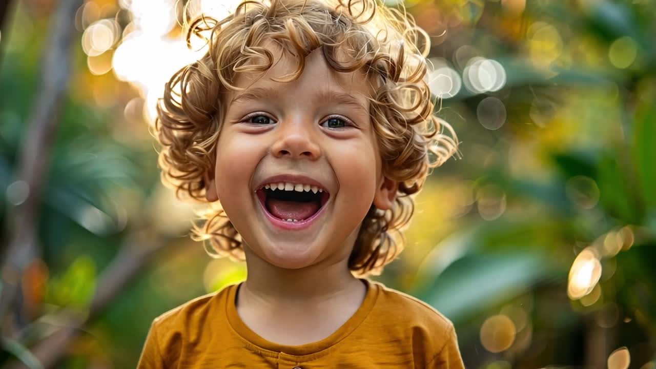 Criança alegre com cabelos encaracolados rindo