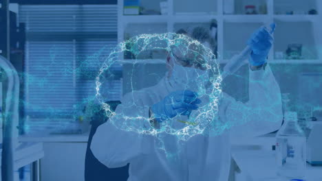 animation of spinning brain over caucasian male scientist taking sample in lab