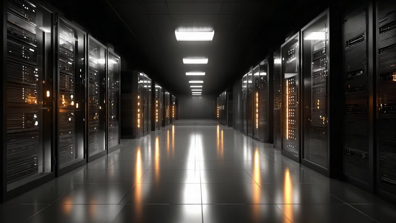Exploring a Futuristic Data Center: Sleek Server Rows and High-Tech Infrastructure in a Dimly Lit Corridor