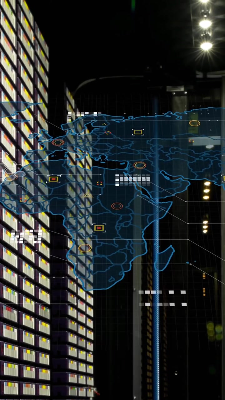 Animation of world map and data processing over computer servers