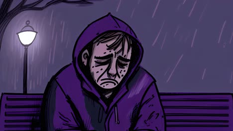 depressed man sitting on a bench and crying in rain