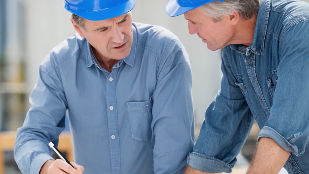 Two Construction Workers Collaborate on Project Plans, Analyzing Blueprints with Focus and Expertise in a Professional Environment