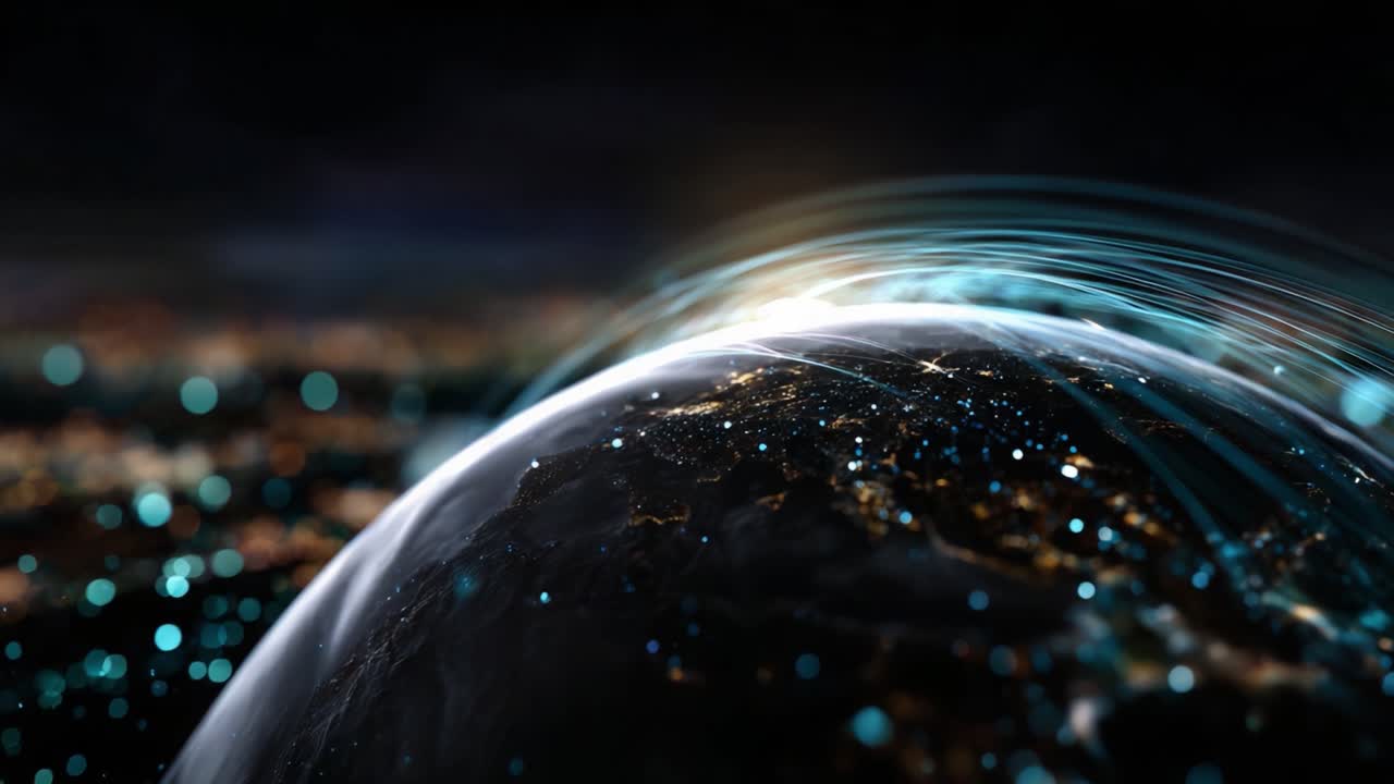 Futuristic Visualization of Earth with Radiant Energy Flow and Digital Connections Illuminating Nightly Landscape from Above in Stunning Detail