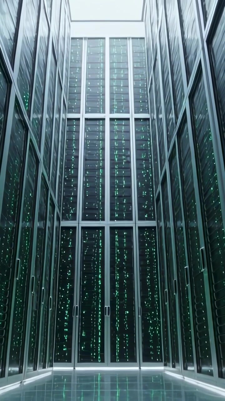 Vertical video: Camera pulling back from raised floor among server racks, tilting up, showing LEDs