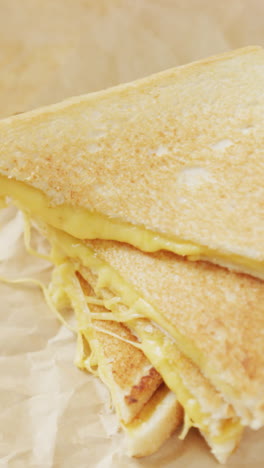 video de rebanadas de sándwiches de pan blanco con queso tostado en papel y plato