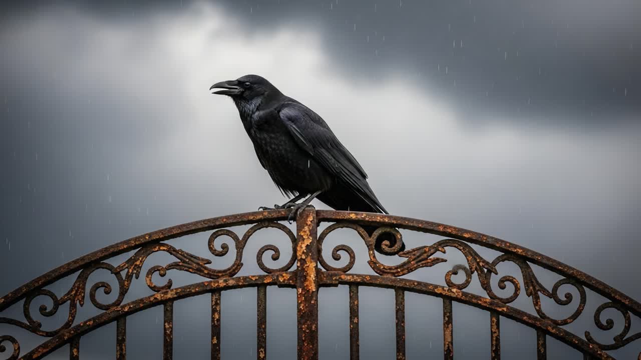 A Majestic Black Raven Perched on an Ornate Iron Gate Against a Dramatic Overcast Sky, Evoking a Sense of Mystery and Intrigue Amidst the Rain