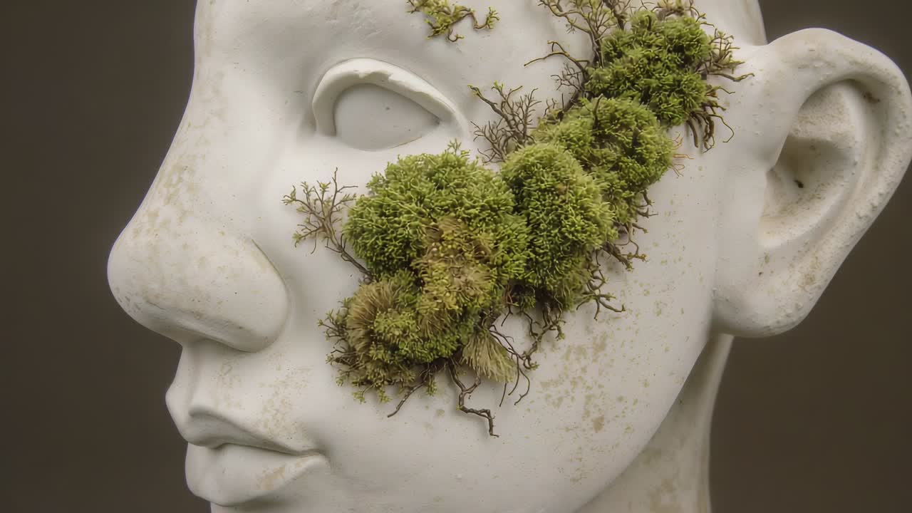 Shifting camera revealing white sculpted head in studio, exposing green moss, twig stems, patina