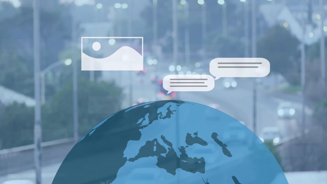 animación del procesamiento de datos y globo sobre el paisaje urbano