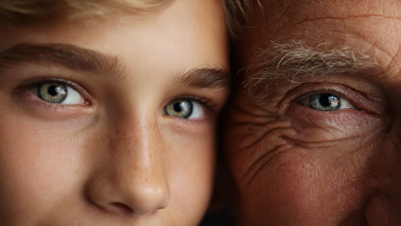 A Heartwarming Close-Up of a Young Boy and Older Man, Capturing Their Unique Bond and Shared Features Through Expressive Eyes and Joyful Smiles, Highlighting Generational Connections and Family Moments