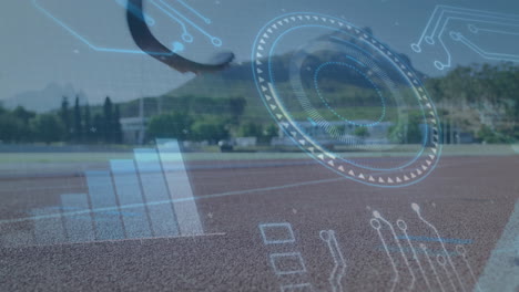 digital interface elements and data processing animation over outdoor running track