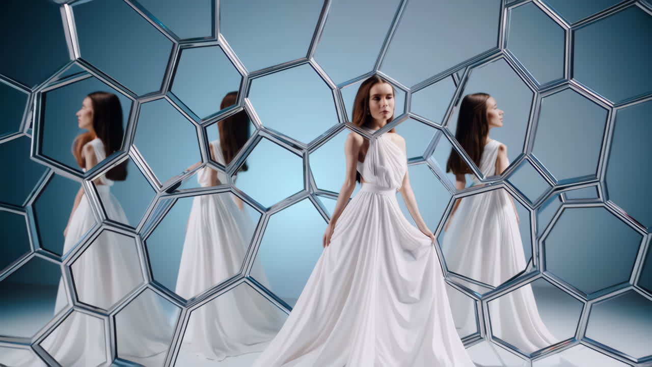 Woman in White Dress Amidst Hexagonal Mirrors