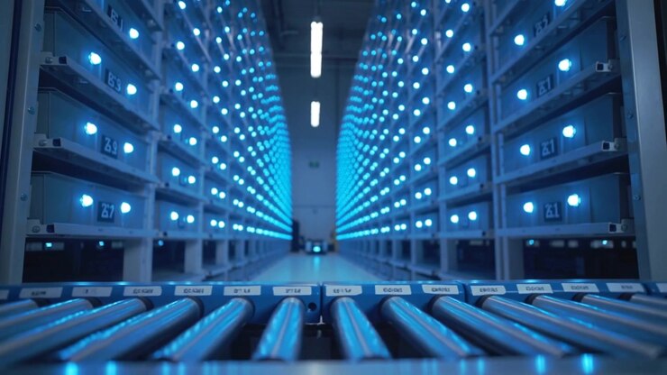 Moving camera rolling down storage aisle on roller conveyor scanning cart, labeled racks, blue LEDs
