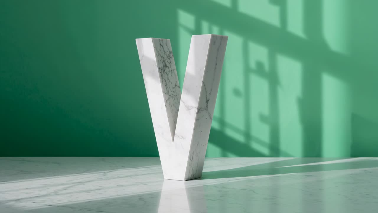 Fixed camera capturing marble V sculpture on marble table in studio, with window shadow on wall