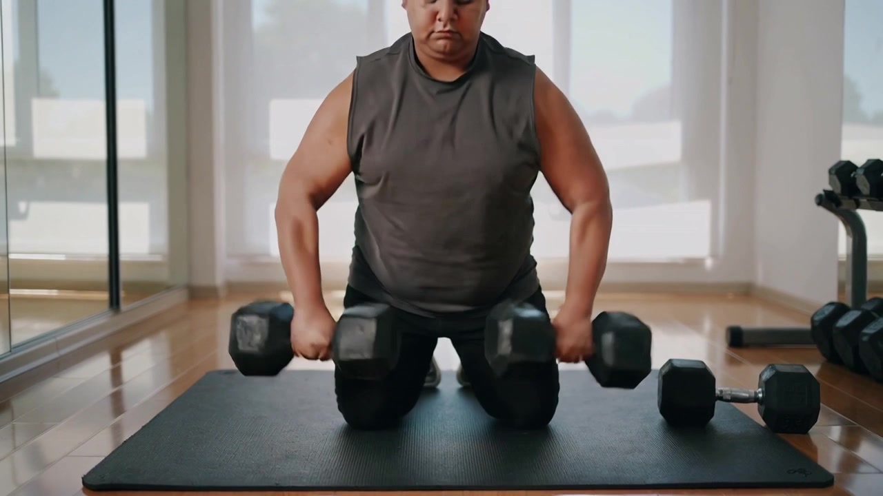 Lifting man from kneeling, raising two hex weights in studio for shoulder strength, sleeveless top