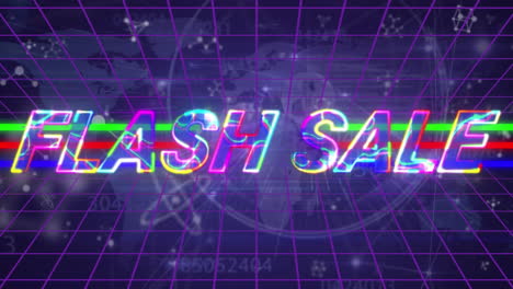 animation of flash sale text banner over molecular structures and world map against blue background