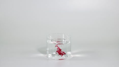 red dye spreading slowly in a clear water glass