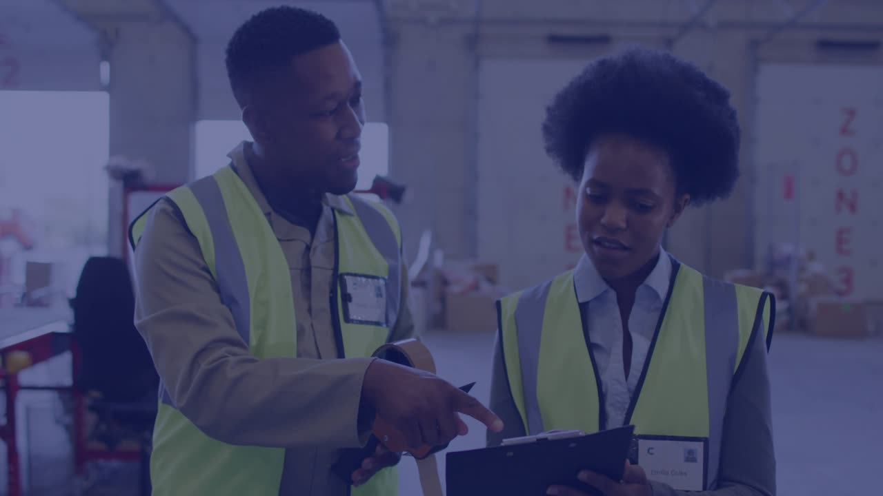 Man and woman colleagues reviewing packing, avatar icons appearing between them and guiding checks
