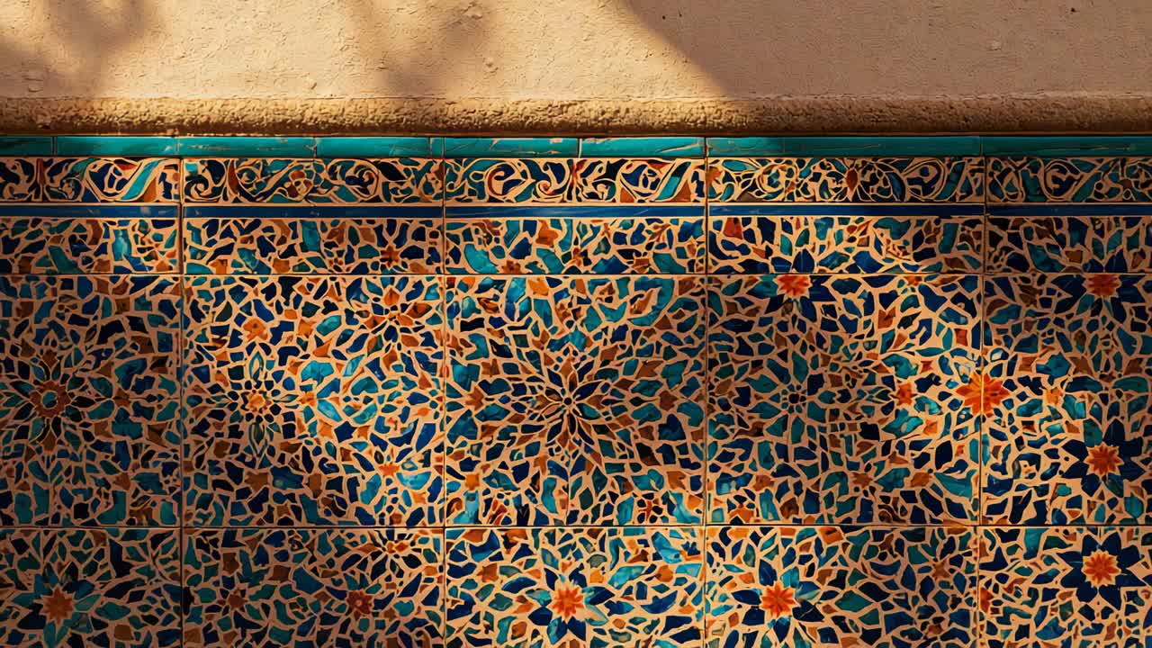 Shifting sunlight casting leaf shadows on courtyard stucco and tiled wall, revealing ceramic mosaic
