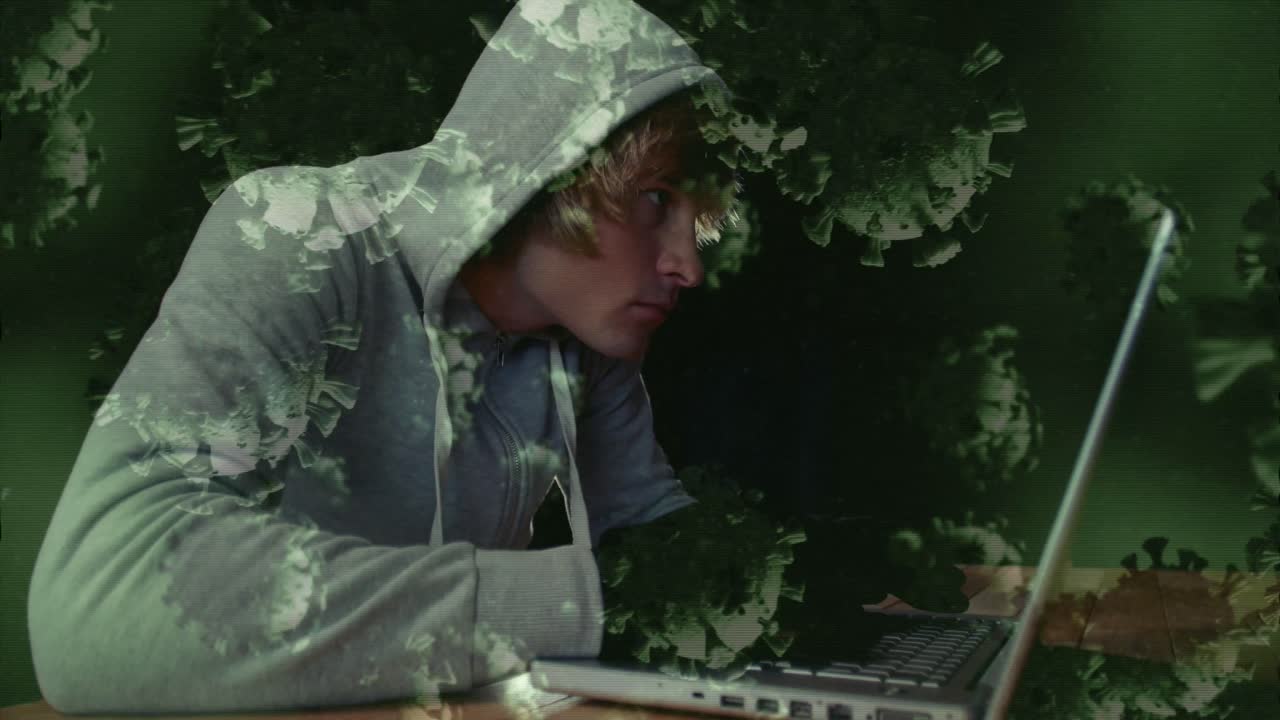 animación de un hacker encapuchado sobre un macro coronavirus células covid-19 flotando