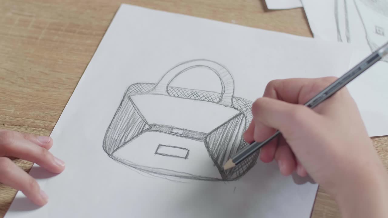 close-up von einer designerin, die eine handtasche auf dem layout-bond skizziert