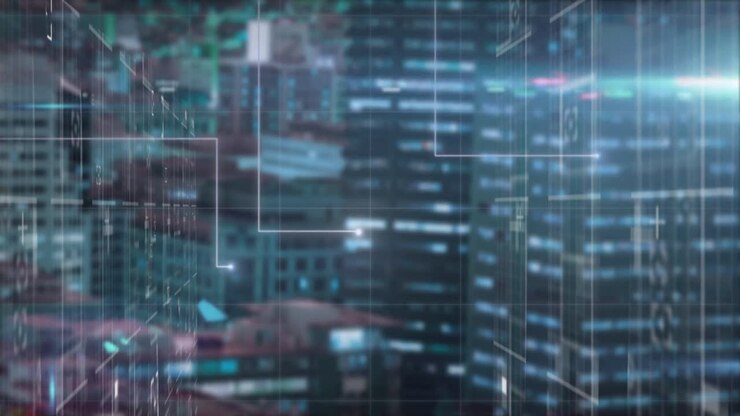Animation of data and network of connections over cityscape