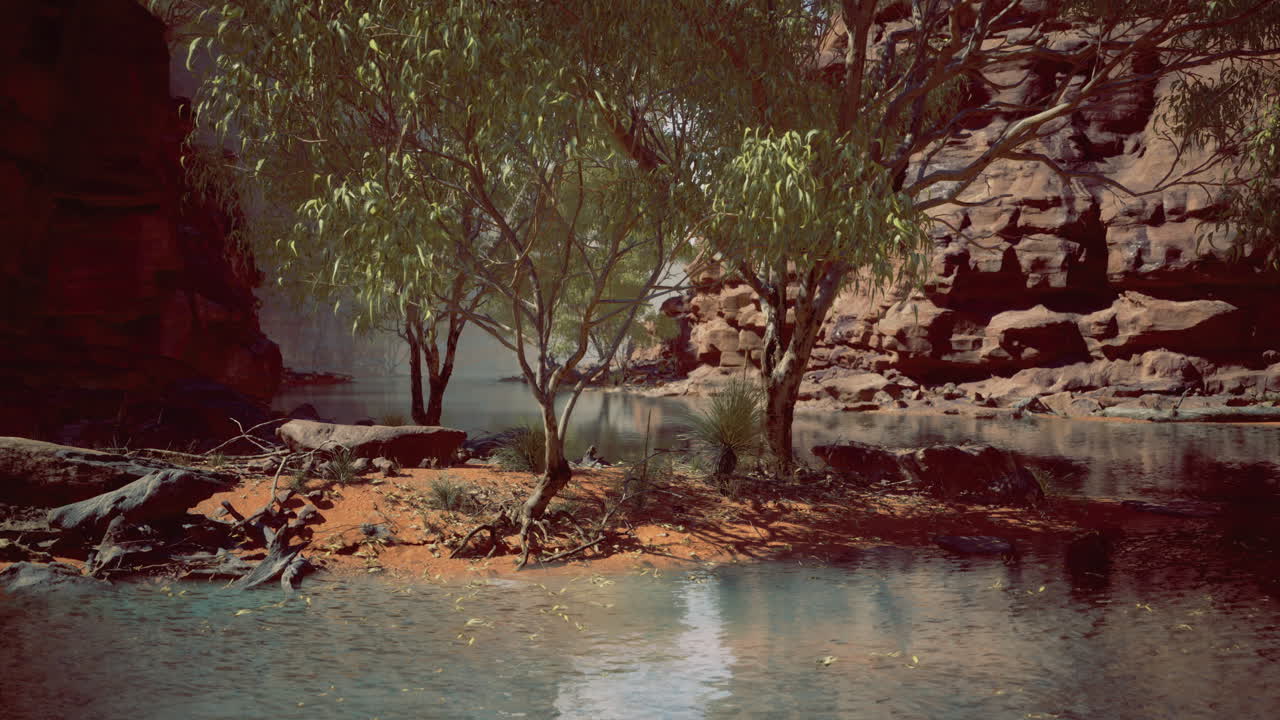 Tranquil riverbanks enveloped by ancient rock formations and lush greenery